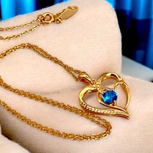 Double Heart Blue Stone Old Rubin Rose Gold Over Sterling Necklace & Crystals
